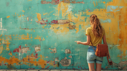 woman pointing while green background, generative ai