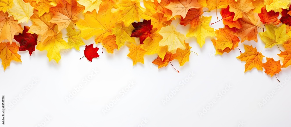 Sticker colorful autumn leaves form a border frame on a white background with copy space image.