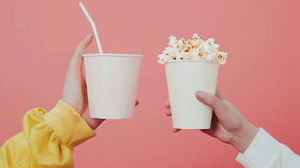 the hand holds lemonade in a paper cup and a glass of popcorn on a pink background