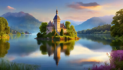 At sunrise, a small green island with a castle in the middle of a calm lake is reflected in the lake