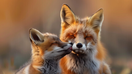 Red Fox Cub Nuzzling with Parent