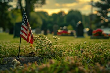 American flag placed on a grave in a cemetery during a beautiful sunset, symbolizing respect and honor for the deceased.