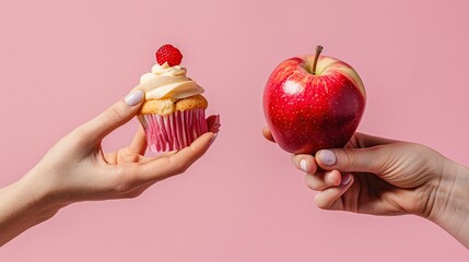 A hand holds a cupcake and an apple on a pink background