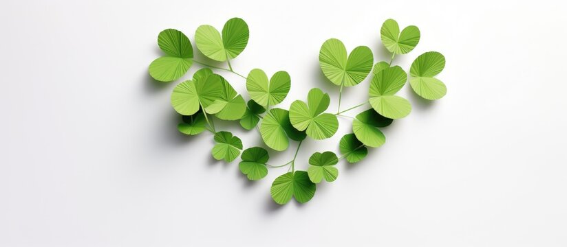 A green origami paper shamrock clover leaf displayed on a white background, perfect for a St. Patrick's Day greeting card with available copy space for text or lettering.