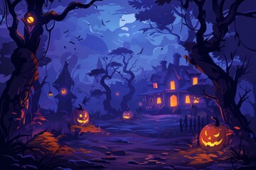Halloween night background with spooky pumpkins, haunted house and scary trees.