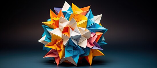 An array of kusudama models showcasing intricate modular origami balls crafted from colorful paper with a professional touch, ideal for a copy space image.