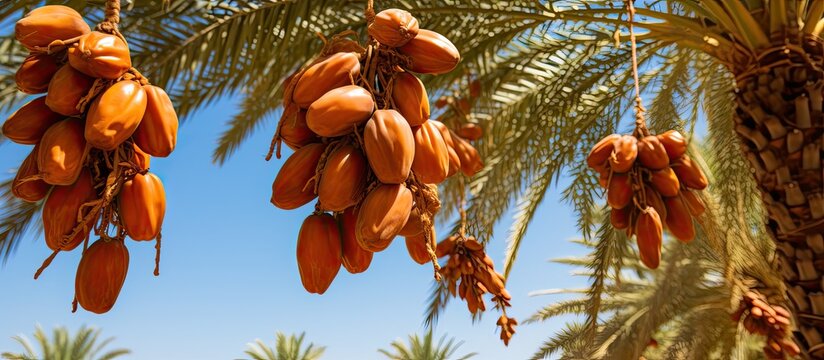 Ripe, succulent dates dangling from a palm tree in a captivating copy space image.