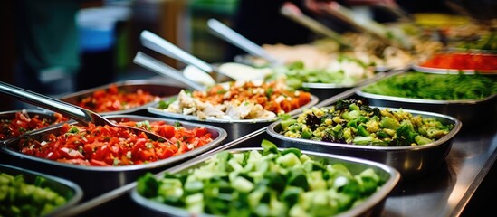 Buffet catering service in a mall with a variety of fresh organic salads displayed on the counter, offering self-service options, ideal for a copy space image.