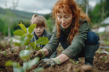 Grandmother with her granddaughter gardening . Different generations spend time together. real values, transmission of family traditions