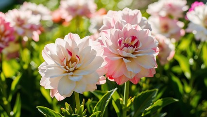 Naklejka premium Blooming Bellis Perennis in a Sunlit Garden