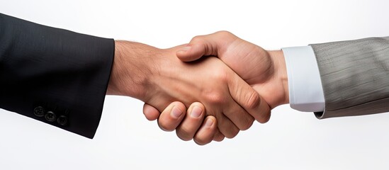 Obraz premium Close-up of a man extending a handshake on a white backdrop with copy space image.