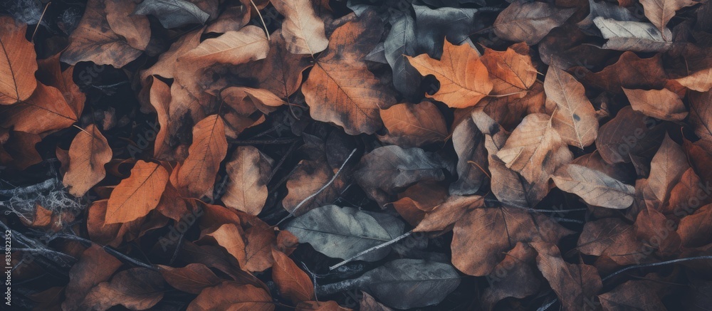 Sticker gorgeous dark nature backdrop with frozen leaves, ideal for autumn or winter, top view with flat lay - Stickers