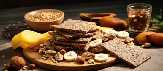 Scandinavian rye crispbread topped with homemade peanut butter and slices of Canary Island bananas, creating a healthy vegan snack with a beautiful copy space image.