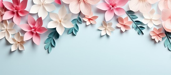 A festive arrangement of white paper flowers with a greeting card on a plain white backdrop, photographed from above with a spacious area for additional elements.