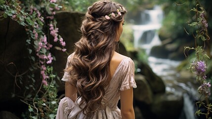 A woman with a romantic and ethereal waterfall braid hairstyle, wandering through 