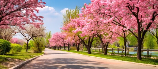 During the spring season, the flower beds at the edge of the stone square in the park provide a beautiful setting for a copy space image.