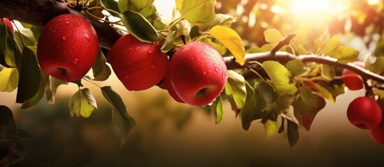 Tree with apples on a branch, producing copy space image.