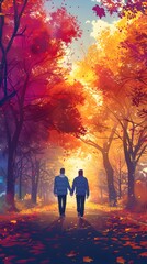 A heartwarming cartoon scene of an LGBTQ+ couple walking hand in hand through a colorful park. List of Art Media illustration