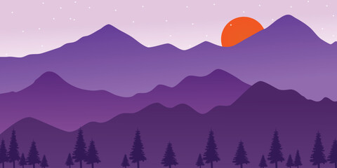 A landscape illustration mountain range with purple mountains and a sun in the sky and pine tree silhouette