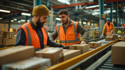 Two warehouse workers wearing orange safety vests are working on a production line in a factory. AI. - Powered by Adobe