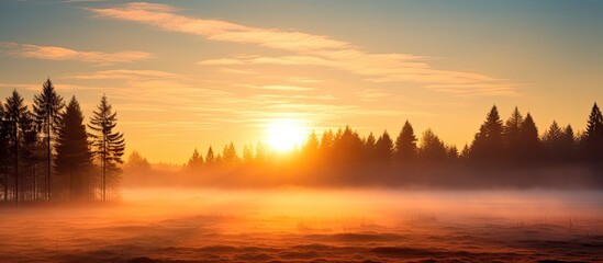 Obraz premium Autumn morning fog blankets a field in the soft light of sunrise, offering a serene and scenic view with copy space image available.