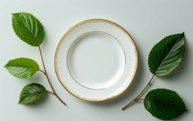 An empty plate with green leaves on a solid background. AI.