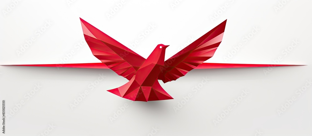 Wall mural a red paper origami dove is displayed on a white backdrop with copy space image.