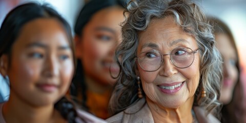 Fototapeta premium Portrait of a smiling elderly woman with gray hair and glasses, wearing a brown jacket. AI.