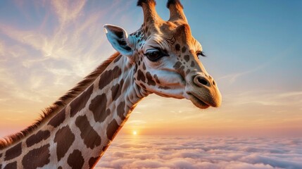 A giraffe stands tall in the savanna, its long neck stretching up to the sky. AI. - Powered by Adobe