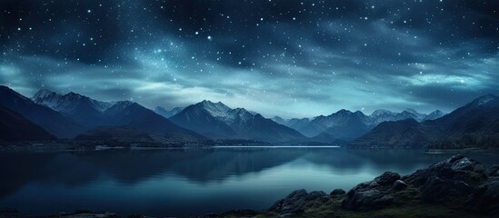 Naklejka premium A serene blue night sky in New Day featuring rivers, mountain silhouettes, stars, zodiacal light, and the Milky Way, creating a stunning copy space image.