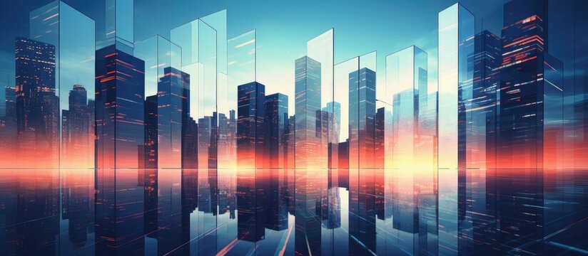 Tall city buildings under clear blue skies with copy space image.