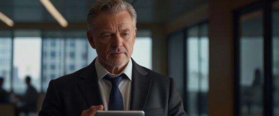 speed of AI technology in data analysis by creating an image of a businessman using a tablet to analyze complex data sets in real-time, with a digital interface overlaid