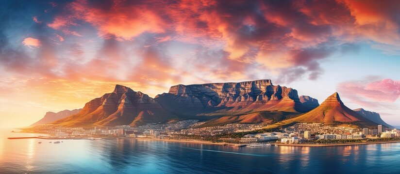 Nighttime view of Table Mountain with illuminated car trail in foreground, creating a mesmerizing copy space image.