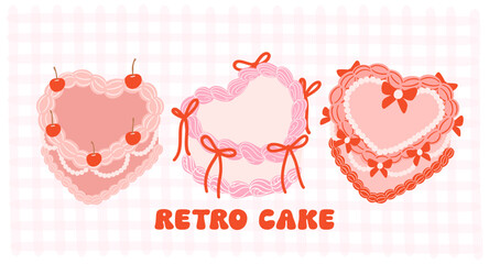 set of Retro Cake heart shaped Groovy Coquette Design with Ribbon bow banner