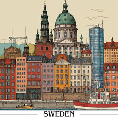 Illustrated collage of Sweden architectural landmarks 