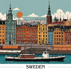 Illustrated collage of Sweden architectural landmarks 