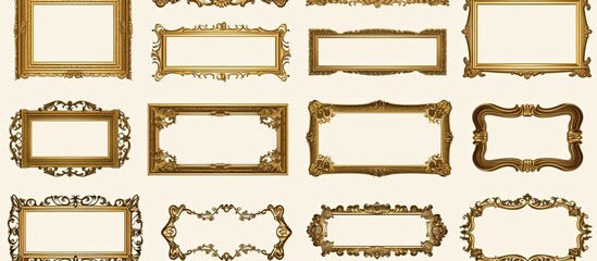 Golden vintage frames lined up on a clean white backdrop for displaying paintings, mirrors, or photos. An array of elegant gold frames isolated on a white background with copy space image.