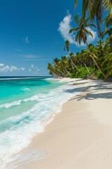 Obraz premium Tropical Beach With Turquoise Water And Palm Trees Under Clear Blue Sky