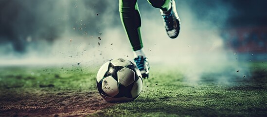 A soccer player in focus, poised to kick the ball within a stadium setting, with ample copy space image.