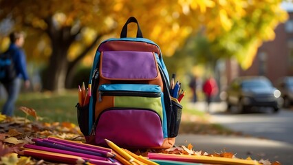Close up of colorful school backpack with defocused background.