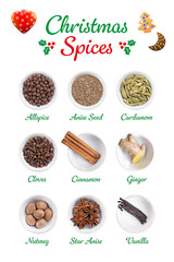 Christmas spices and the scents of winter holidays in white bowls, and with English labeling....