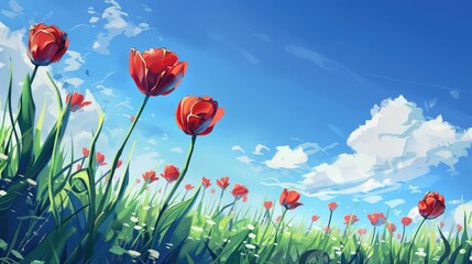 Obraz premium Red Tulips under a clear blue sky