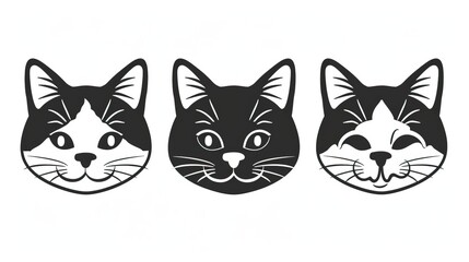 Fototapeta premium Black and white simple outline cats head emoticon pictures 