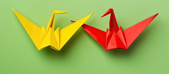 Children creating origami with colored paper against a white backdrop, with ample copy space for an image.