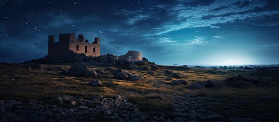 Capture a majestic medieval castle at night with the first twinkling stars overhead in a striking copy space image.