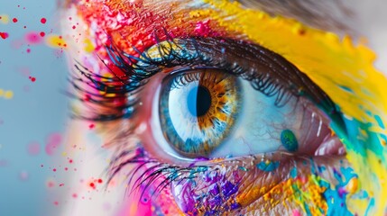 Creative eye close-up with vibrant paint splashes. Abstract art inspired by a colorful human eye.