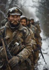 Obraz premium A group of soldiers in winter gear are walking through a snowy forest.