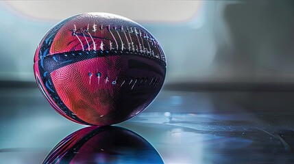 A rugby ball resting on a polished black surface, under bright, contrasting lighting, perfect for an elegant sports banner