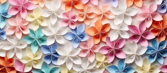A close-up copy space image featuring numerous origami paper flowers adorning the entire area.