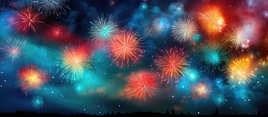Fototapeta premium Night sky illuminated by colorful fireworks with copy space image.